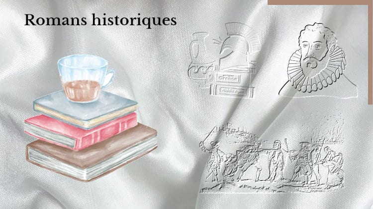 En arrière-plan, des oblets de l'antiquité, un homme avec une fraise et des hommes qui se battent pendant la Révolution française. Au premier plan, une pile de livres