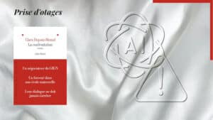En arrière-plan, IA et un panneau danger. Au premier plan, la couverture du livre de Clara Dupont-Monod, La confrontation