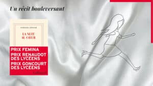 En arrrière-plan, une femme court. Au premier plan, la couverture du livre de Nathacha Appanah, La nuit au coeur