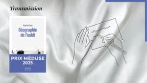 En arrière-plan, un dessin de mains qui écrivent. Au premier plan, la couverture du livre de Raphaël Sigal, prix Méduse 2025 - Robert Laffont