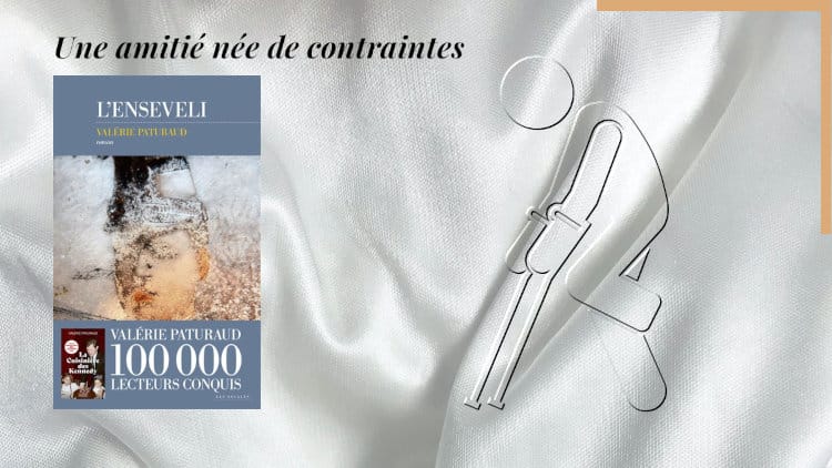 En arrière-plan, un homme marche sur des béquilles. Au premier plan, la couverture du livre de Valérie Paturaud, L'enseveli