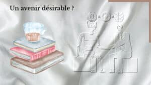 A gauche, une pile de livre et à droite, un robot sert la main à un humain