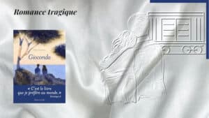 En arrière-plan, un couple et un vieux qagon de train ; au premier plan la couverture du livre de Nikos Kokantzis, Gioconda