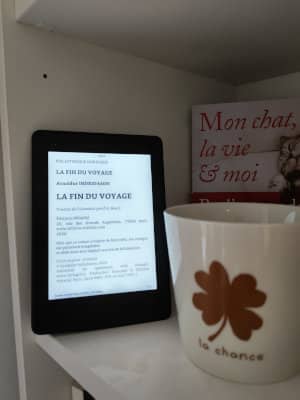 Liseuse sur une étagère avec la page de garde du du livre d'Arnaldur Indridason, La fin du voyage