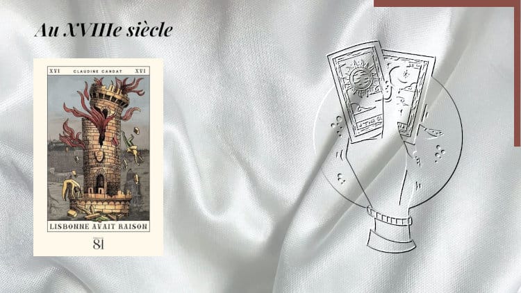 En arrière-plan, une main tient des cartes de tarot et au premier plan, la couverture du livre de Claudine Candat, Lisbonne avait raison