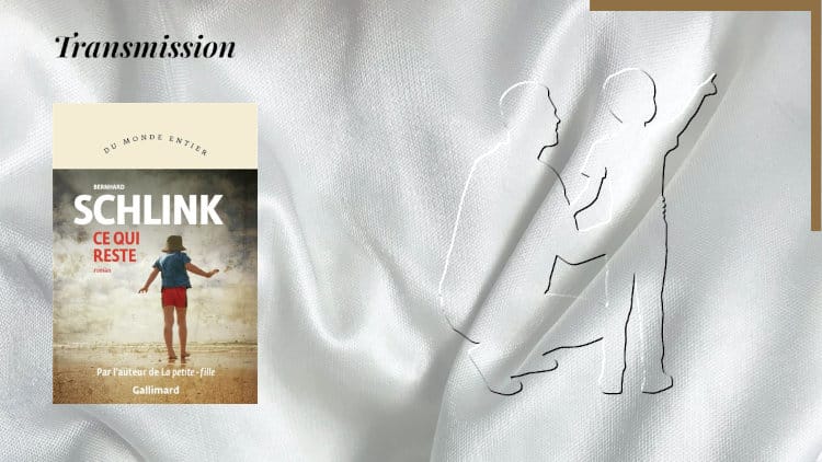 En arrière-plan, un petit garçon montre quelque-chose à son père, et au premier plan, la couverture du livre de Bernard Schlink, Ce qui reste