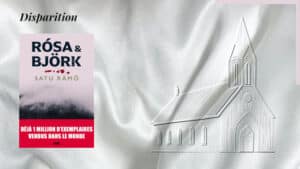 En arrière-plan, une église islandaise et au premier plan, la couverture du livre de Satu Rämö, Rósa & Björk
