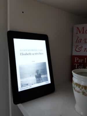 Liseuse posée sur une étagère, avec la couverture du livre de Julien Dufresne-Lamy, Elizabeth va très bien.