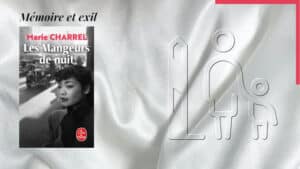 En arrière-plan, des personnes déplacées, et au premier plan, la couverture du livre de Marie Charrel, Les mangeurs de nuit