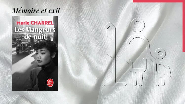 En arrière-plan, des personnes déplacées, et au premier plan, la couverture du livre de Marie Charrel, Les mangeurs de nuit