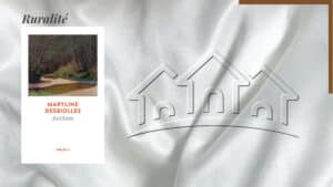 En arrière-plan, trois maisons. Au premier plan, la couverture du livre de poche de Maryline Desbiolles, Anchise