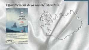 En arrière-plan, une carte de l'Islande et au premier plan, la couverture du livre de Sigridur Hagalin Bjornsdottir, L'île