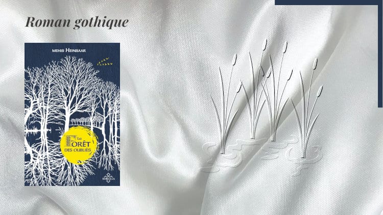 En arrière-plan, des roseaux, et au premier plan, la couverture du livre de Mehis Heinsaar, La forêt des oubliés