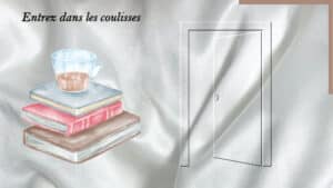 En arrière-plan, une porte entrouverte et au premier plan, une pile de livres