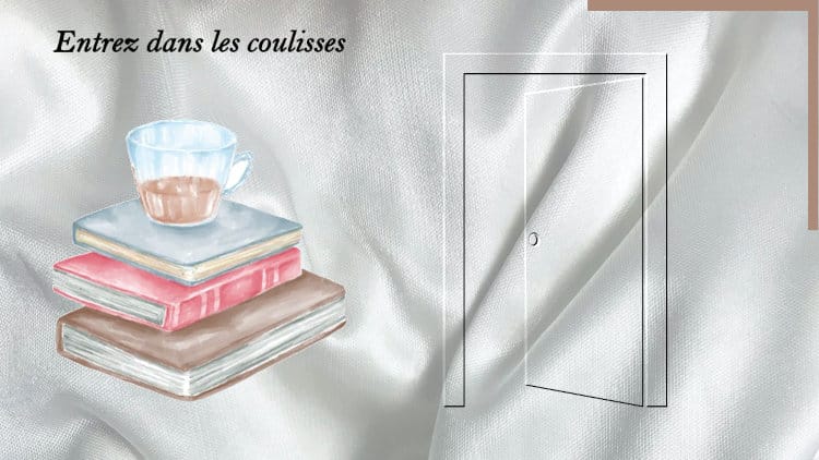 En arrière-plan, une porte entrouverte et au premier plan, une pile de livres
