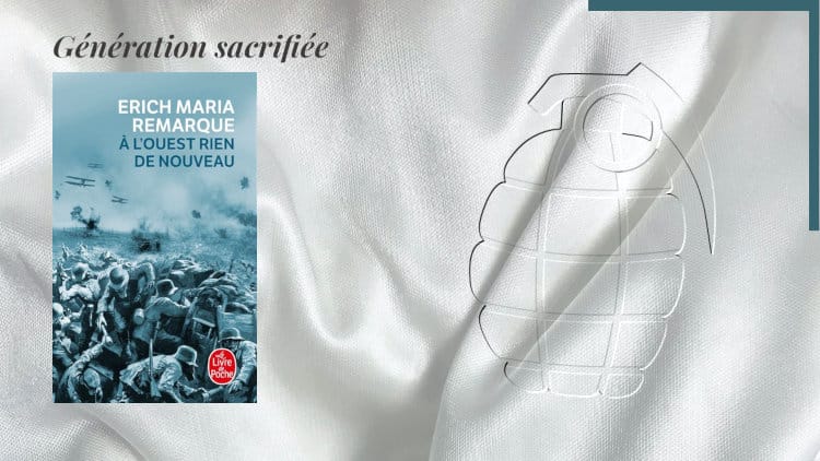 A l'arrière-plan, une grenade et au premier plan, la couverture du livre d'Erich Maria Remarque, A l'ouest rien de nouveau